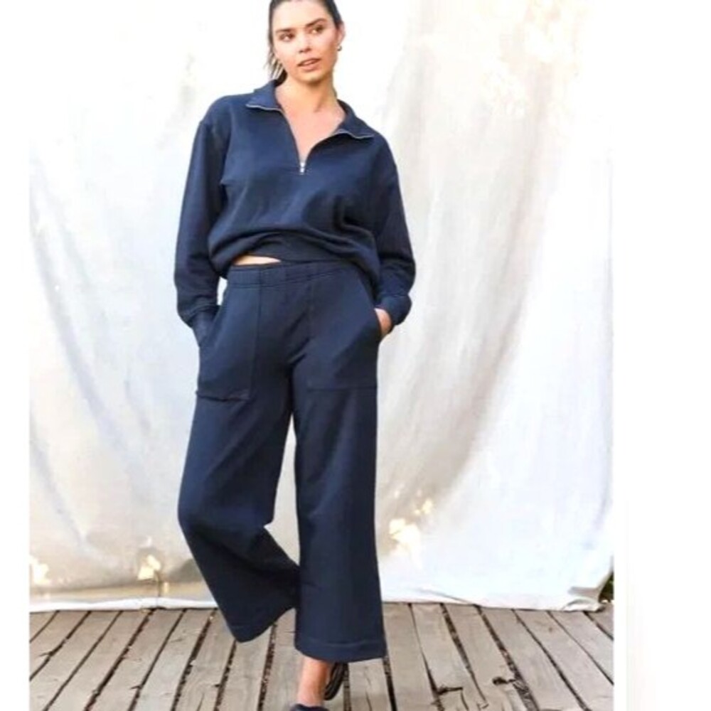 MATE THE LABEL ORGANIC COTTON FLEECE POCKET WIDE LEG SWEATPANTS BLUE NWOT L